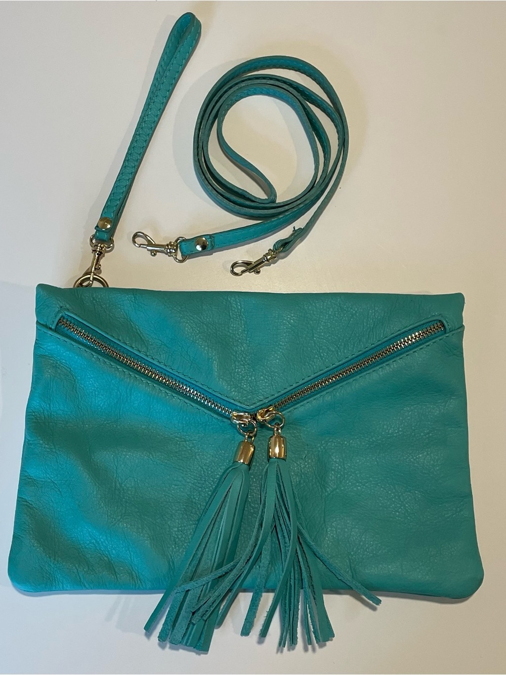 Teal Tassel Leather Crossbody Clutch